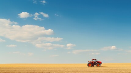 Fototapeta premium A red tractor works alone in a vast, golden field under a blue sky with scattered clouds, showcasing the tranquility of rural life.