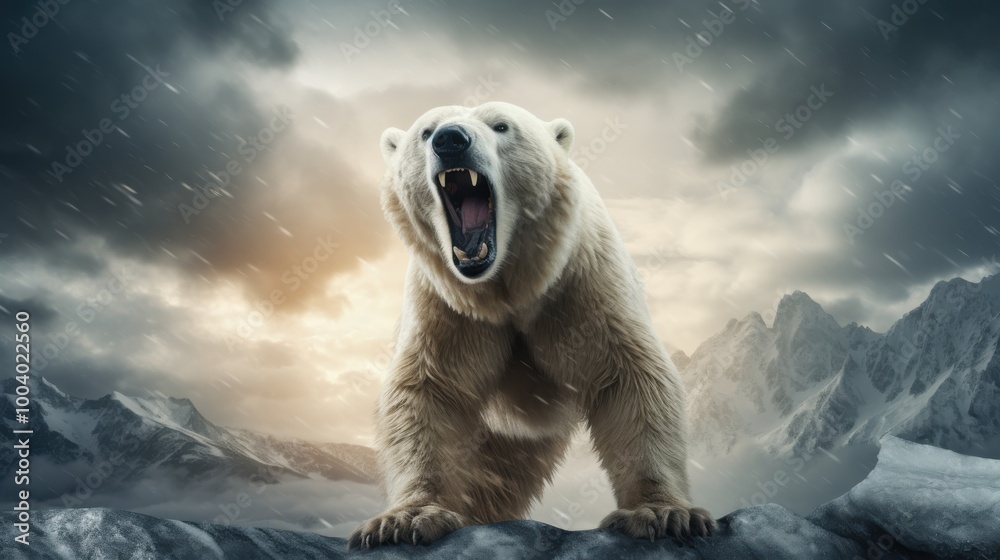 Wall mural a majestic polar bear roars powerfully, standing on rocky terrain against a dramatic, snowy backdrop