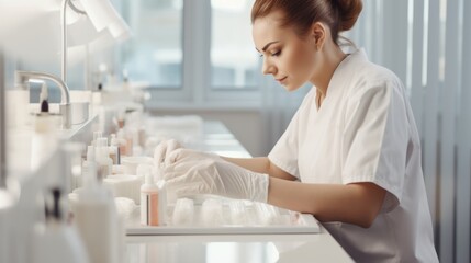 A focused cosmetologist, wearing gloves, meticulously prepares skincare products in a bright, modern laboratory setting.