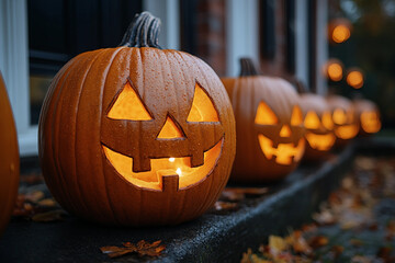 Creative halloween banner with traditional symbols orange pumpkin wizard hat black cat jack o lanterns, Generative AI