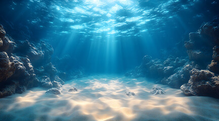 Sunlight rays underwater illuminating ocean floor

