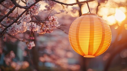 Warm yellow lanterns and pink cherry blossoms under a magical dusk, creating a serene and picturesque setting.