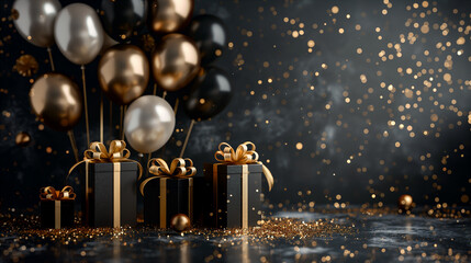Elegant gold, black, white balloons and gift boxes decorate new year background. Generative AI