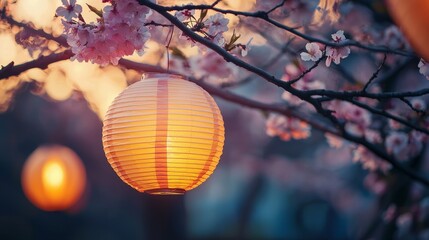 Fototapeta premium Warm yellow lanterns and pink cherry blossoms under a magical dusk, creating a serene and picturesque setting.