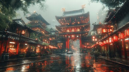 Fototapeta premium a beautiful traditional japanesestyle cyberpunk city blending ancient architectural elements with futuristic neon lights and bustling streets creating a unique atmosphere