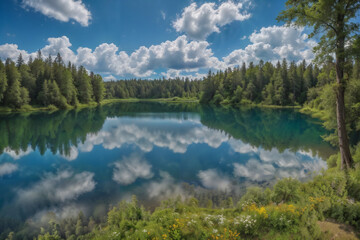 Obraz premium Clear weather, blue sky and white cloud,lake, forest,camping