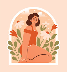 Cute happy woman in bikini sitting among flowers, plants, leaves. Peaceful young lady in swimwear. Illustration in window frame. Meditation on outdoors, nature. Wellbeing, mental health concept. 