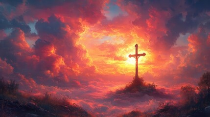 Fototapeta premium a beautifully crafted painting of the cross of jesus radiating divine light set against a backdrop of soft ethereal clouds the colors rich and evocative inviting reflection and reverence