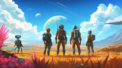 Fototapeta premium AI-enhanced humans exploring an alien planet with robotic companions. 