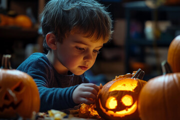 Fototapeta premium Happy excited family carving Helloween pumpkins making creepy face holiday preparation, Generative AI