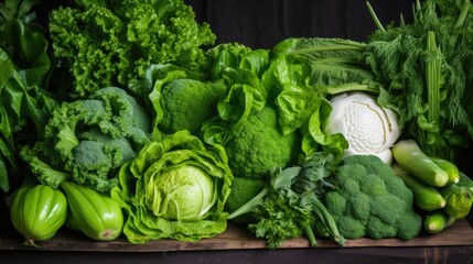 A lush assortment of various fresh green vegetables is beautifully arranged, bursting with vibrant colors and promising health and nutrition.