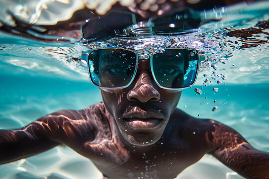 AI generated photo of man wearing summer glasses taking selfie picture on summer vacation day