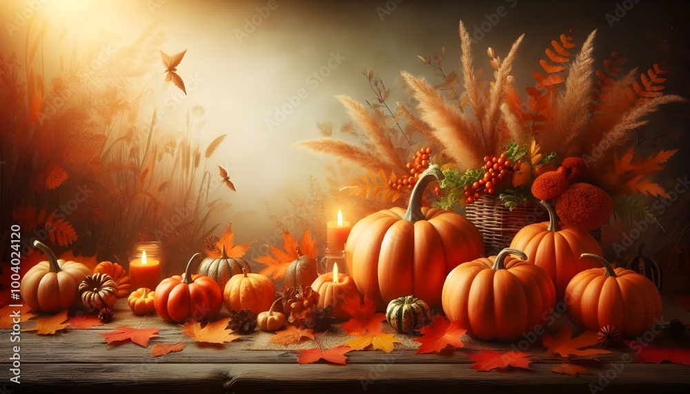 Fototapete autumn background with pumpkins on a wooden table and copy space for product display presentation, h