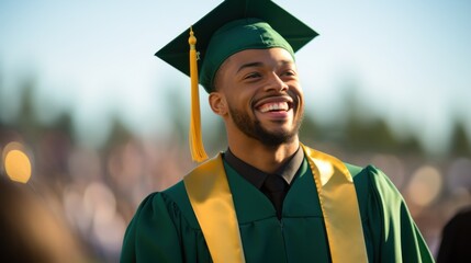 A joyous graduate in cap and gown, smiling brightly amidst a ceremony filled with excitement and pride, ready for the next chapter.