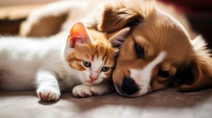A kitten and a puppy share a tender moment lying together, embodying pure innocence and the beauty of companionship.