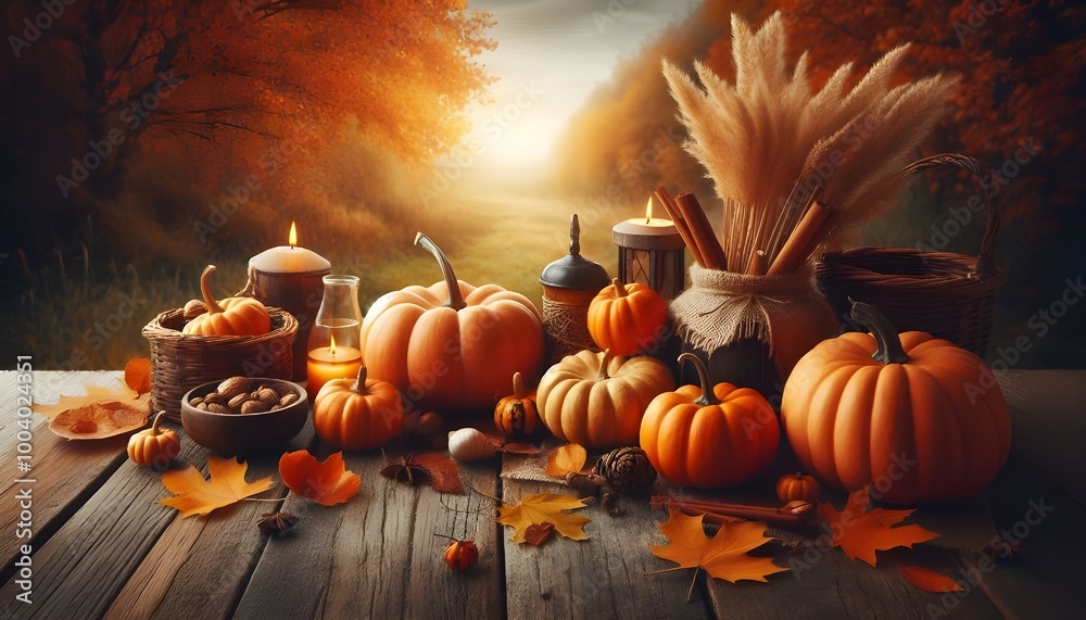 Fototapete autumn background with pumpkins on a wooden table and copy space for product display presentation, h