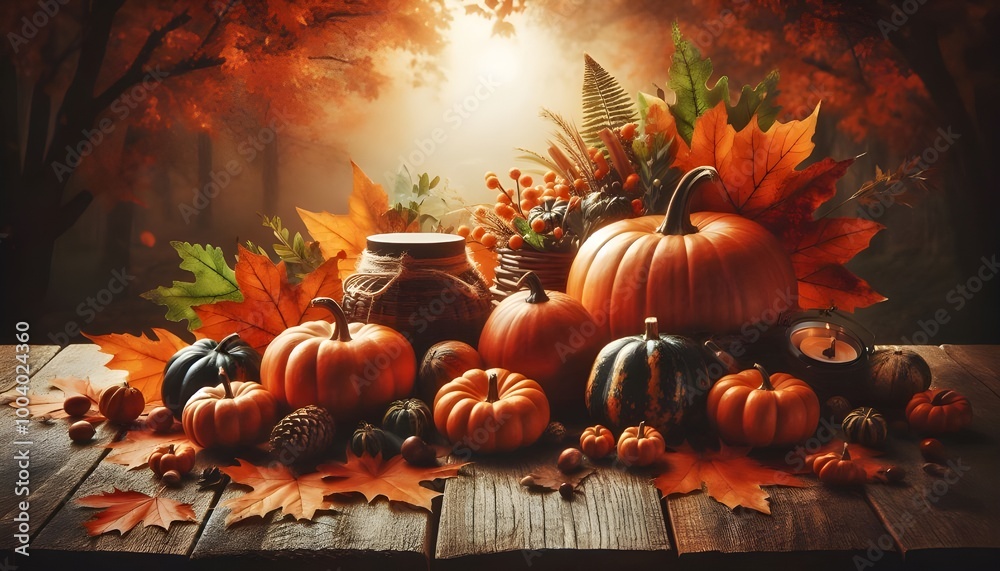 Fototapete autumn background with pumpkins on a wooden table and copy space for product display presentation, h