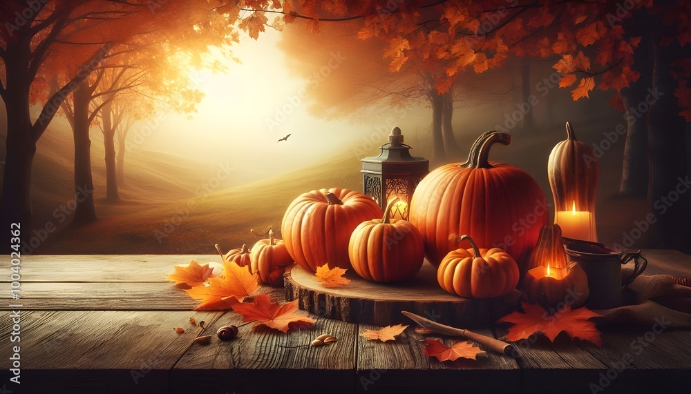 Fototapete autumn background with pumpkins on a wooden table and copy space for product display presentation, h