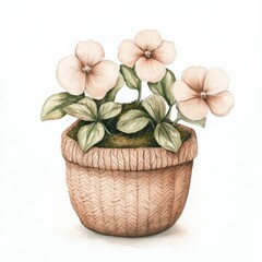A decorative potted plant with soft pink flowers and green leaves.