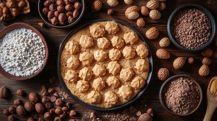 a captivating overhead view reveals ingredients for baking peanut butter cookies arranged thoughtfully creating a delightful culinary scene with ample copy space
