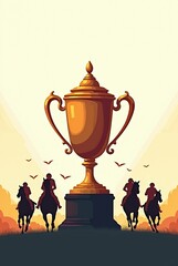 Silhouette of horse riders on pastel beige racetrack. Horseman racing to the cup. Melbourne Cup concept. Handicap sports competitions. Vintage sepia postcard. Design for card, template, copy space.