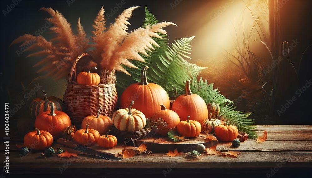 Fototapete autumn background with pumpkins on a wooden table and copy space for product display presentation, h