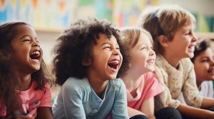 Fototapeta premium A group of diverse children laugh joyously together, radiating pure happiness and camaraderie.