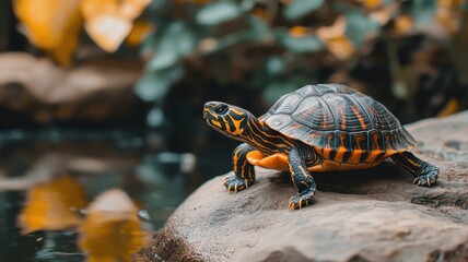 Obraz premium Turtle resting on a rock near a serene water body, surrounded by nature.