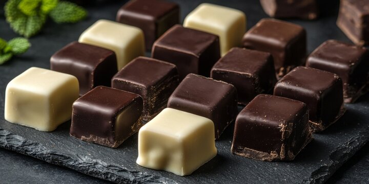 Dominostein: Chocolate Confectionery filled with layered Lebkuchen, Gingerbread, apricot jelly, marzipan or persipan. Traditional German, Austrian Christmas chocolates, Milk, dark, white chocolate.