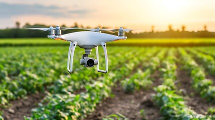 A modern agricultural field with drones and sensors for precision crop management.
