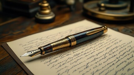 a classic fountain pen poised gracefully on a handwritten document featuring elegant cursive script highlighting the art of writing and personal expression in a sophisticated manner