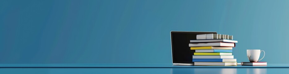 Laptop and Books Against a Blue Background. Concept Technology in Education