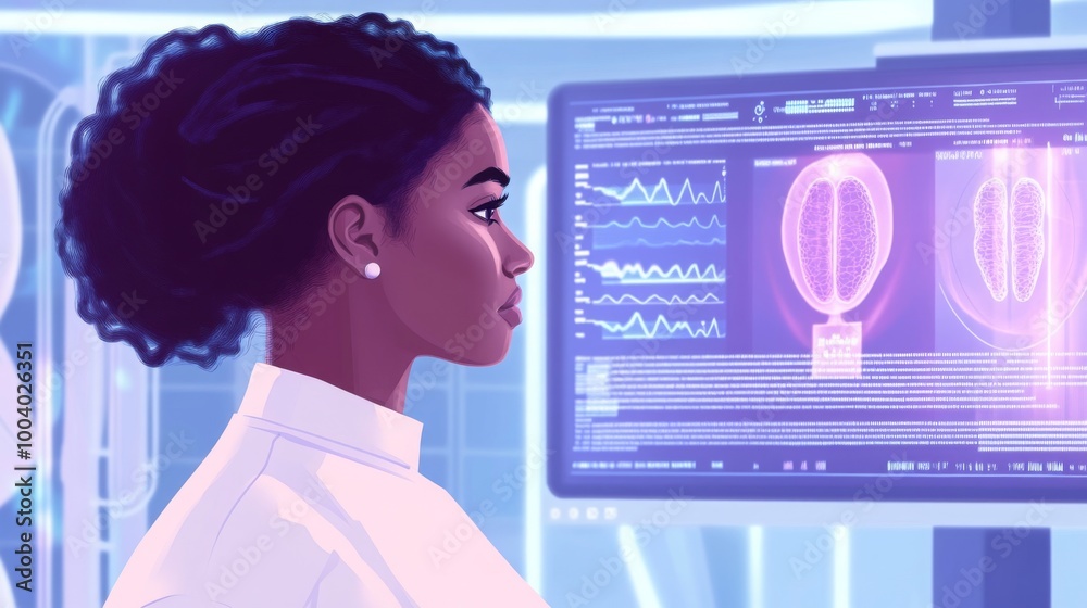 Poster A scientist with curly hair focuses intently on multiple monitors displaying complex data and graphical representations in a futuristic laboratory environment