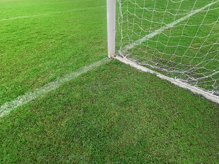 Empty soccer gate at the green grass stadium