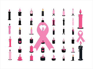 Breast Cancer Awareness Pink Candle Ribbon Icon Bundle.