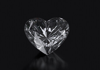 Heart shaped diamond on black background with reflection