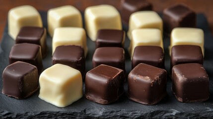 Dominostein: Chocolate Confectionery filled with layered Lebkuchen, Gingerbread, apricot jelly, marzipan or persipan. Traditional German, Austrian Christmas chocolates, Milk, dark, white chocolate.