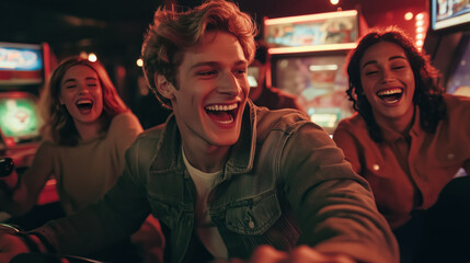 Obraz premium A group of friends enjoying arcade games and rides in retro-themed arcade bar, pub, smiling and having fun, with neon lights and arcade machines in the background. casino arcade game concept