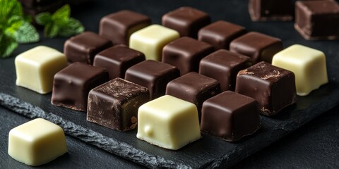 Dominostein: Chocolate Confectionery filled with layered Lebkuchen, Gingerbread, apricot jelly, marzipan or persipan. Traditional German, Austrian Christmas chocolates, Milk, dark, white chocolate.