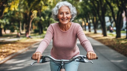 Obraz premium Senior Woman Enjoys Cycling, Active Retirement, Healthy Lifestyle, Outdoor Recreation