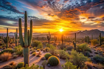 Wandcirkels Pantone 2025 Mocha Mousse Wide ratio desert sunrise landscape with cactus in North Scottsdale AZ symmetrical  © Sayfar
