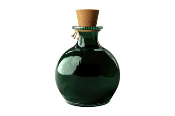  A dark green glass bottle of olive oil with a cork stopper, isolated on a white background