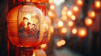 Glowing red Chinese lanterns in a narrow alley at dusk, creating a warm festive atmosphere.