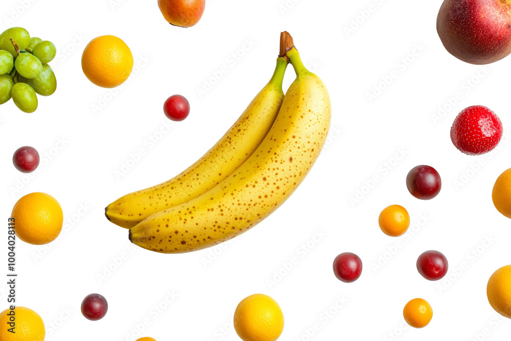 Poster whole ripe banana next to a variety of colorful fruits ,isolated on transparent background