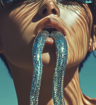 Glamous Woman with golden, diamond, turquoise jewelry tentacles snake tail in her mouth, Fashion model with polished octopus tentacles jewelry necklace in her glossy lips, Jewelry Design concept