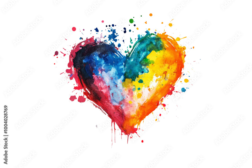 Poster vibrant watercolor heart with splashes of color ,isolated on transparent background