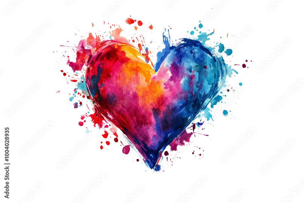 Poster vibrant watercolor heart with splashes of color ,isolated on transparent background
