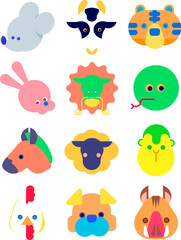 十二支を担当する動物の顔のイラスト（フラット）