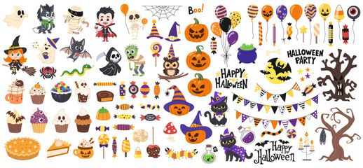 Halloween elements set. Pumpkins, Halloween sweets, candies and characters, black cats, skeleton, bat, witch and others. Halloween decorations, garlands-flags and balloons.