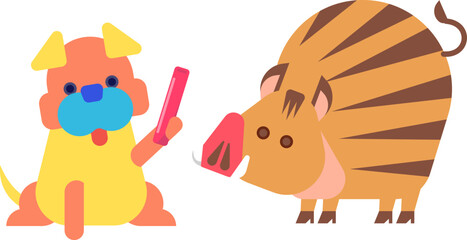 干支の戌年から亥年にバトンタッチをする様子のイラスト